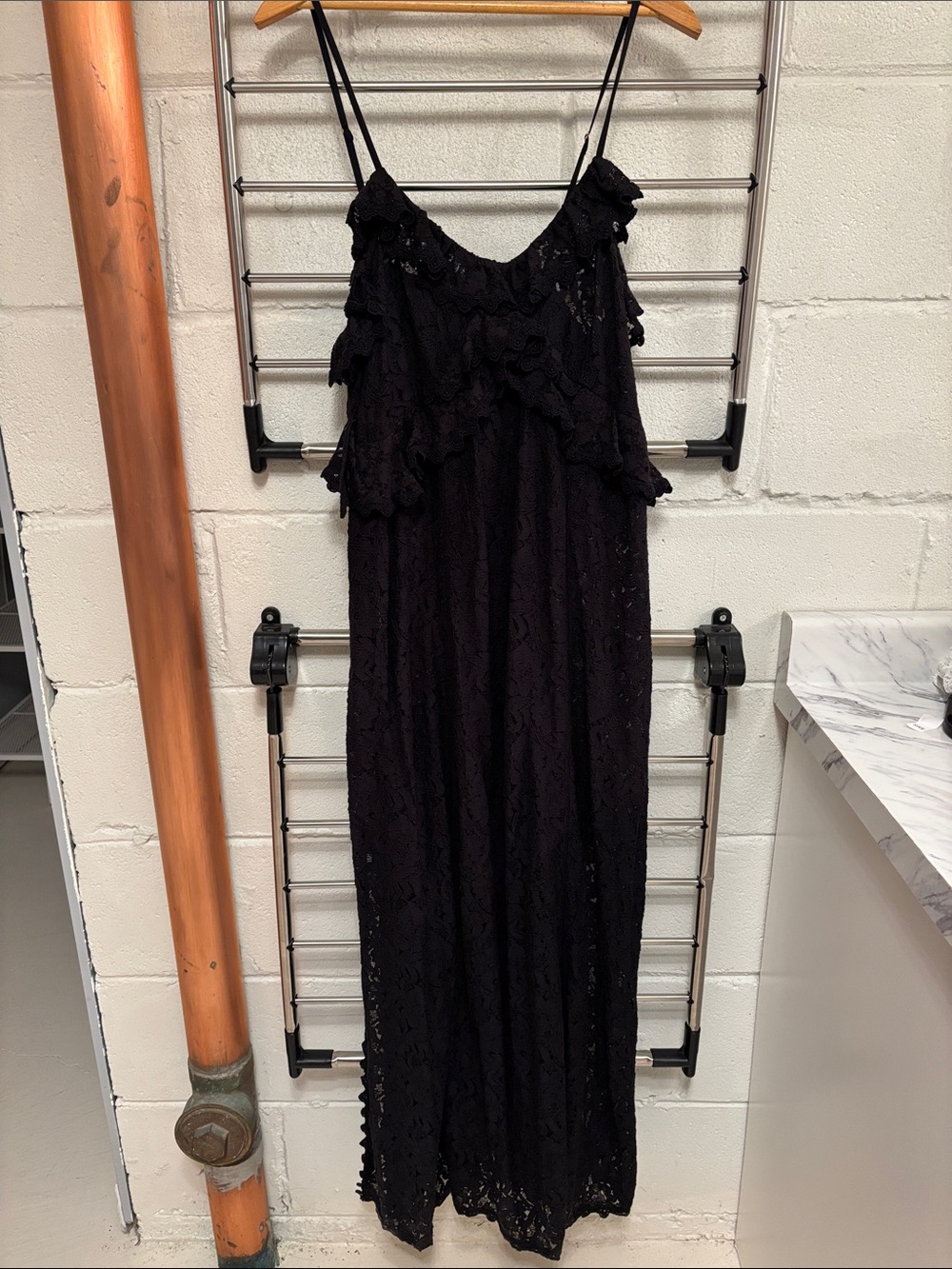 Spell Black Lace Ruffle Spaghetti-Strap Maxi Dress